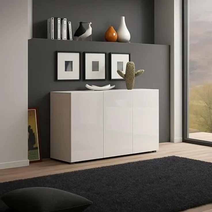 Dmora - Kommode Polokwane, Wohnzimmerbuffet, Wohnzimmer-Sideboard, Moderne Küchen-Speisekammer, Made in Italy, 135x38h79 cm, Glänzendes Weiß
