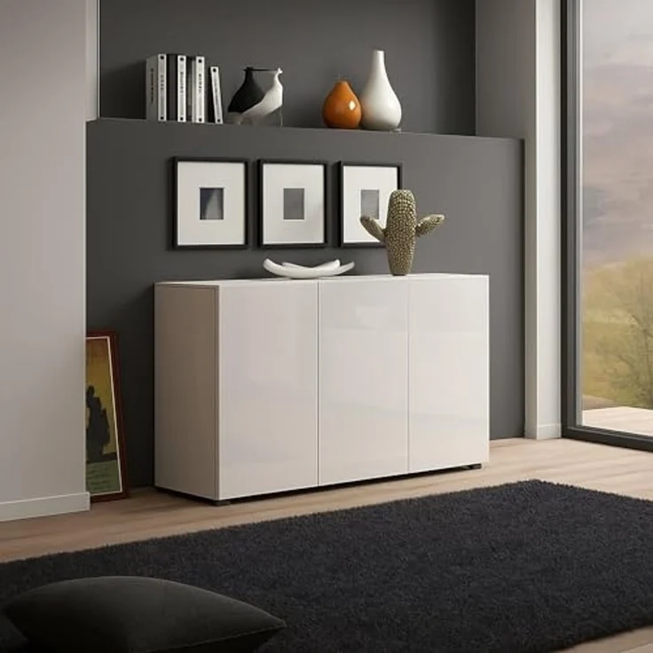 Dmora - Kommode Polokwane, Wohnzimmerbuffet, Wohnzimmer-Sideboard, Moderne Küchen-Speisekammer, Made in Italy, 135x38h79 cm, Glänzendes Weiß – Bild 1