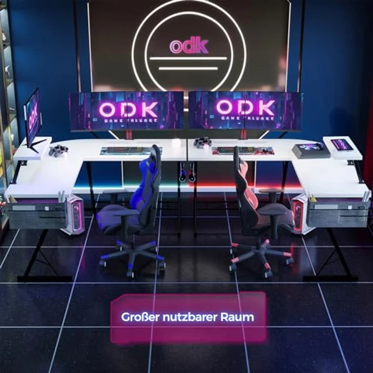 ODK Gaming Tisch, Computertisch, Gaming Schreibtisch mit runder Ecke, Gaming-Tisch mit Monitorablage (Kohlefaser Weiß, 127x127 cm) – Bild 5