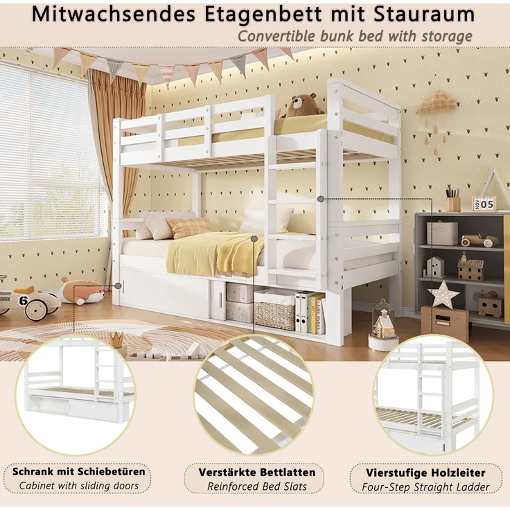 Bett als teilbares Etagenbett, 2 Liegeflächen à 90x200 cm, Weiß, mit Schiebetür-Stauraum, ohne Matratze – Bild 7