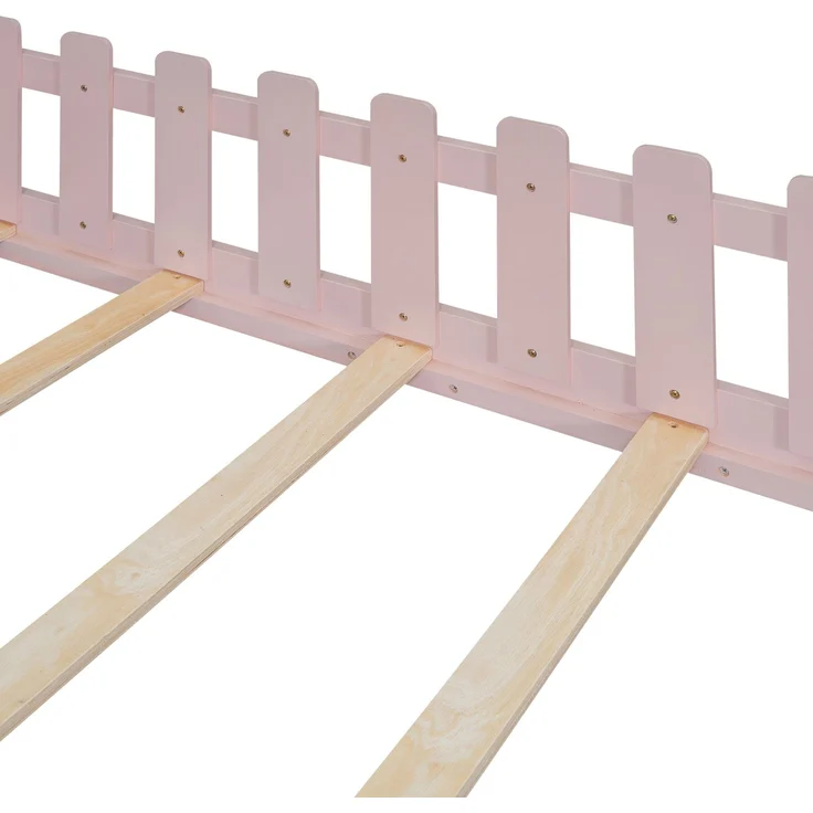 Kinderbett Hausbett 140x200 cm mit Geländer,Montessori Holzbett aus Kiefernholz, Kinder Haus-Bett mit Dachrahmen,Rosa – Bild 10