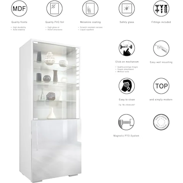 Vladon Standvitrine Granada (Vitrinenschrank, mit Glastür und Glaseinsatz) Weiß matt/Eiche Natur (50 x 122,5 x 34,5 cm) – Bild 6