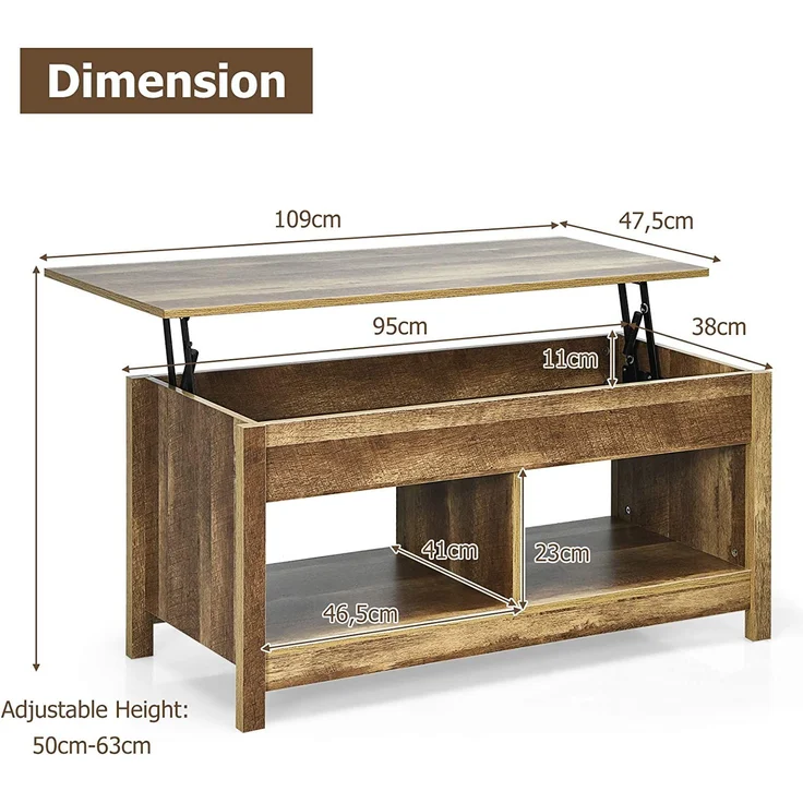 COSTWAY Couchtisch höhenverstellbar, Sofatisch Beistelltisch mit Ablagefach, Sofatisch aus Holz, Kaffeetisch Teetisch für Wohnzimmer Balkon Flur (Natur) – Bild 4