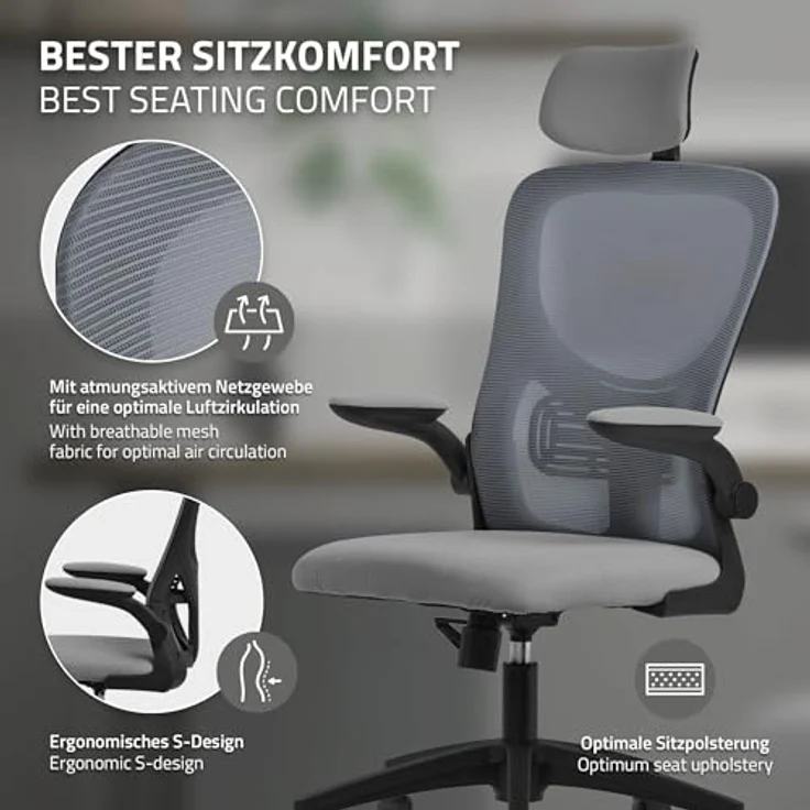 ML-DESIGN Ergonomischer Schreibtischstuhl, Grau, 1-Sitzer mit Netzrücken, 60.5x121x60 cm, ideal für Arbeitszimmer und Büros – Bild 6