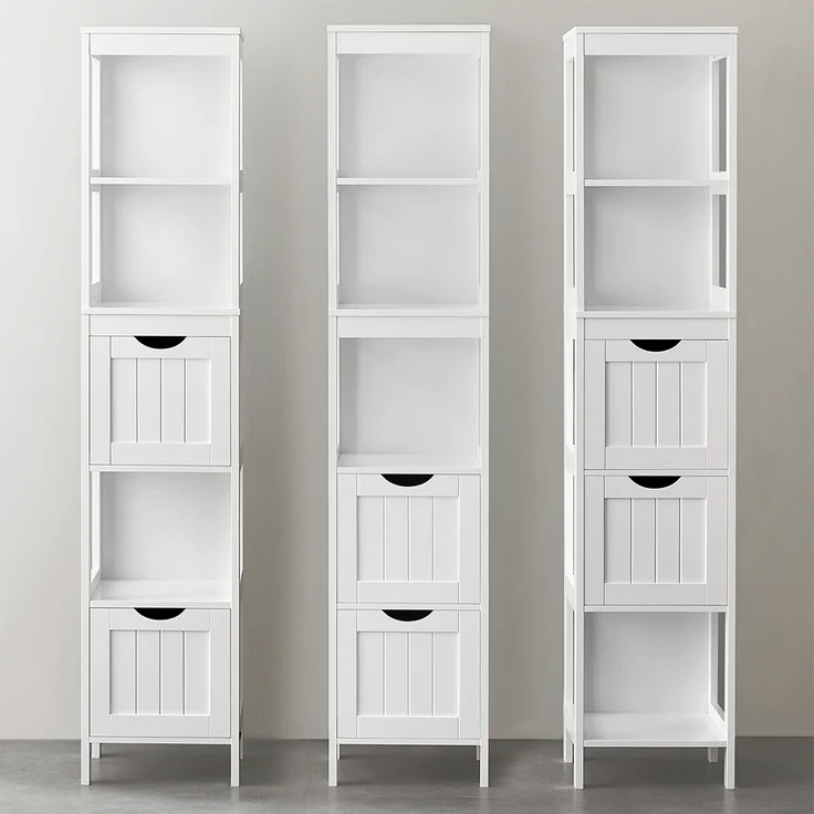 Vasagle Badezimmerschrank mit 2 Schubladen und 3 offene Fächer, MDF, 30 x 30 x 141,5 cm, Weiß – Bild 4