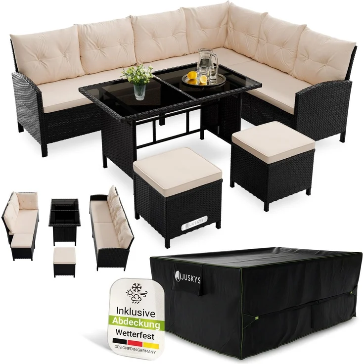 Juskys Polyrattan Lounge Manacor schwarz – Gartenlounge mit Sofa, Tisch, 2 Hocker & Kissen, inkl. Abdeckung – Gartenmöbel Set bis 8 Personen – Sitzbezüge in Creme – Bild 1