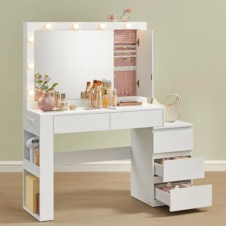 VASAGLE Schminktisch mit LED-Beleuchtung, mit Spiegel, Steckdosenleiste, mit Schubladen, modern, wolkenweiß, 40 x 125 x 140 cm – Bild 2