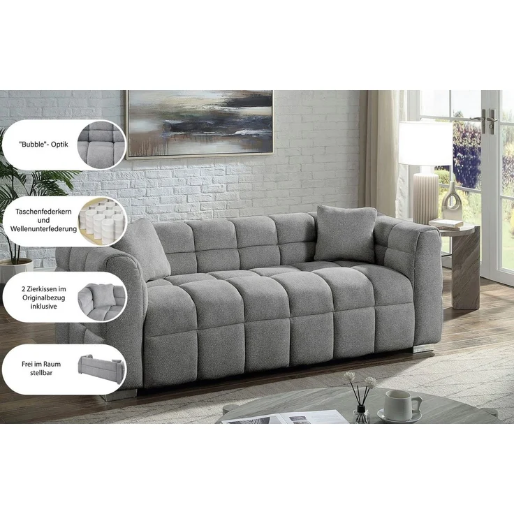 ATLANTIC home collection Big-Sofa Thor Design-Sofa mit Steppung, Bubble-Optik, B:190cm, "Bubble"-3D Optik Sofa mit Taschenfederkern, inkl. Zierkissen – Bild 3