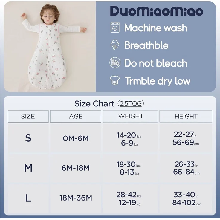 Duomiaomiao Baby-Schlafsack, 1,5 Tog, 100 % Baumwolle, für vier Jahreszeiten, tragbar, atmungsaktiv, bequem – Bild 6