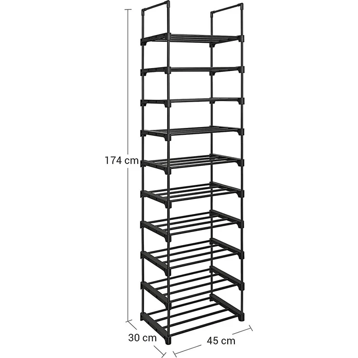 Songmics Schuhregal mit 10 Ebenen, offener Schuhschrank hoch, Schuhständer schmal, Schuhaufbewahrung, aus Metall, platzsparend, für Ankleidezimmer, Flur, 30 x 45 x 174 cm, schwarz LSA25BK – Bild 3