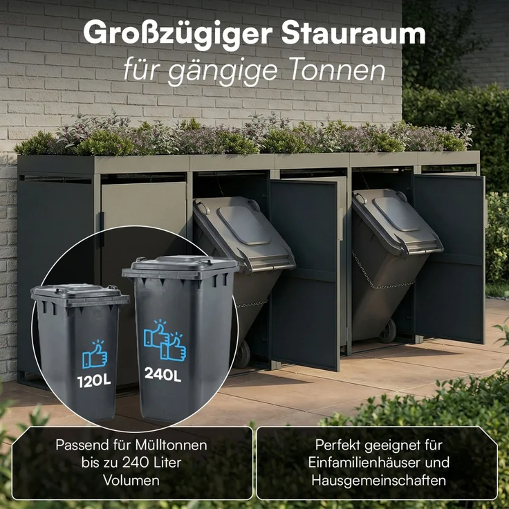 STEELSØN 'Thoria' Mülltonnenbox 5er je 240 Liter, anthrazit, Mülltonnenverkleidung aus Stahl, wetterfest, 125x80x337 cm, Müllbox mit Pflanzendach für 5 Tonnen – Bild 2