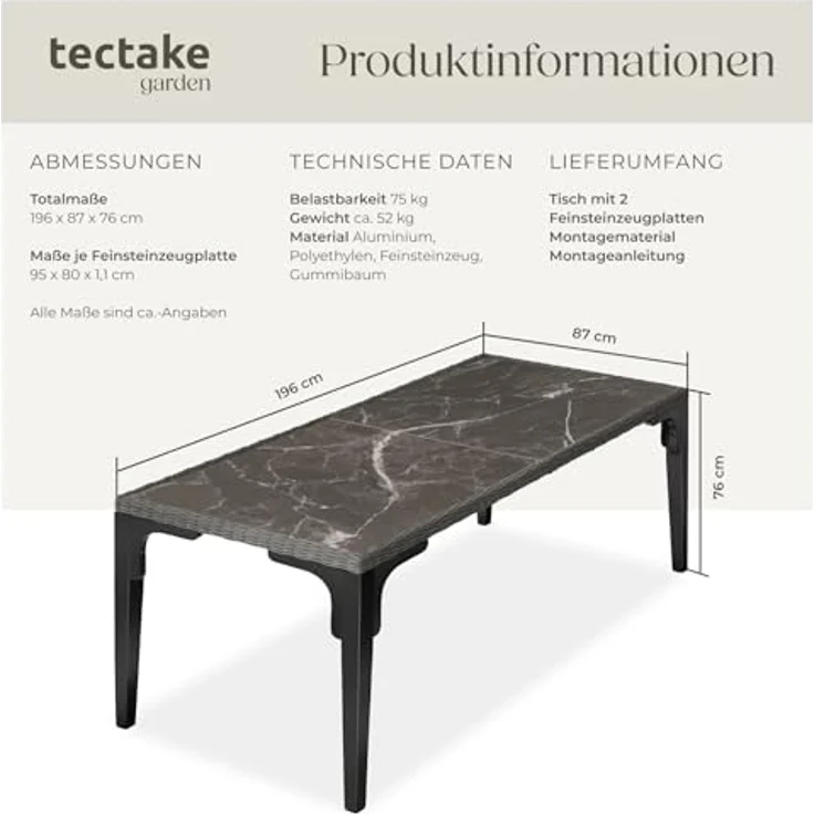 tectake Gartentisch Foggia, großer Rattantisch, grau, rechteckig, 196x87x76 cm, mit marmorierten Feinsteinzeugplatten und robustem Geflecht – Bild 3