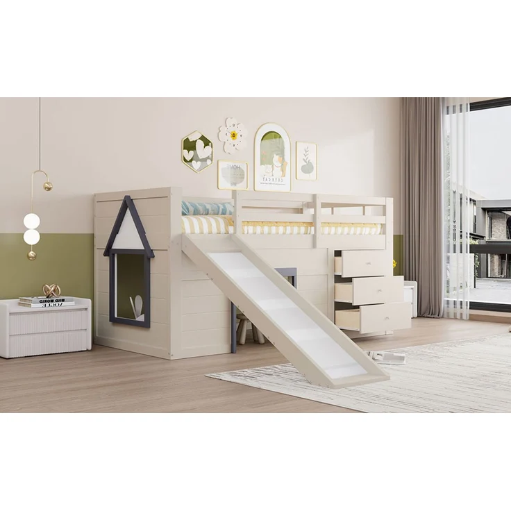 Merax Etagenbett Hochbett 90x200cm mit Rutsche, Kinderbett Hausbett mit 3 Schubladen, mit Rausfallschutz und Lattenrost, Stockbett Creme – Bild 6