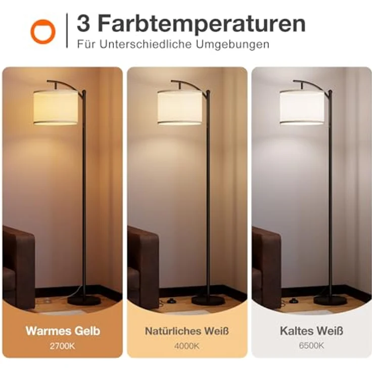 ROTTOGOON Stehlampe für Wohnzimmer mit 3 Farbtemperaturen LED Glühbirne Stehlampen Hoch Industrielle Stehlampe Lesen für Schlafzimmer Büro (9W LED-Glühbirne Beige Lampenschirm enthalten) Schwarz – Bild 2