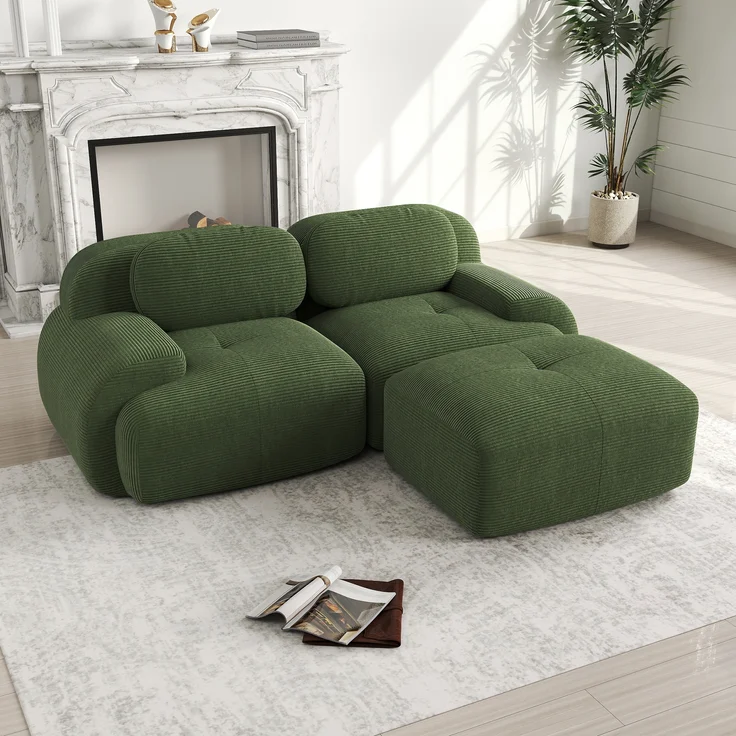 Ecksofa aus weichem Cordstoff,modular kombinierbar mit gebogenen Armlehnen ohne Montage hochelastische Schaumstoffpolsterung für Wohnzimmer Ruhezonen und Schlafzimmer,Cordstoff,Green, – Bild 2