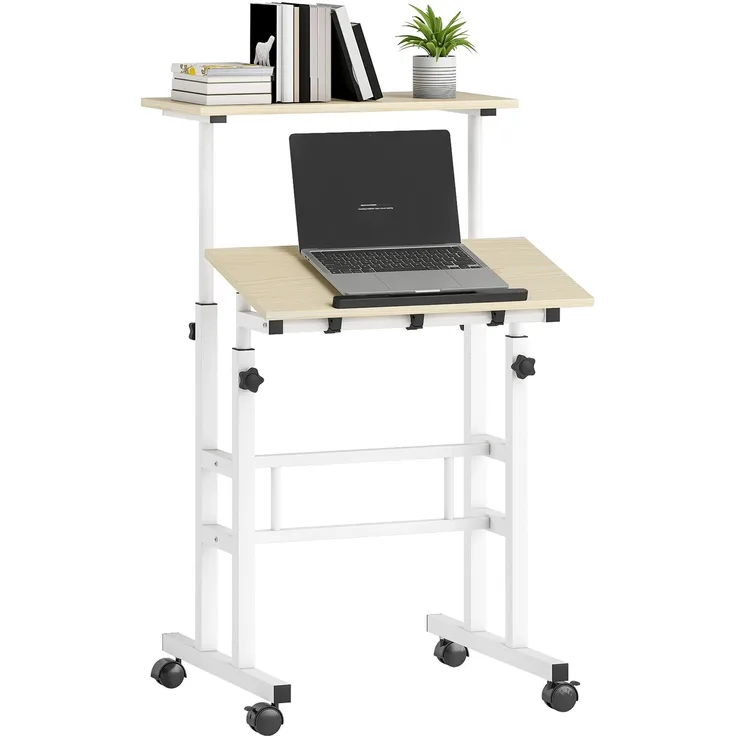 Steh-Sitz-Schreibtisch, höhenverstellbarer Schreibtisch, 60 x 60 cm, mit Rollen und neigbarer Tischplatte, Rahmen aus naturbelassenem Metall