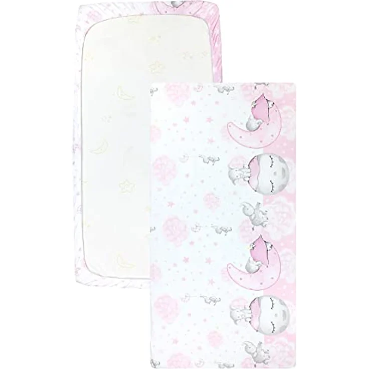 TupTam Spannbettlaken Baby, für Babybett/Kinderbett, 2er Pack, Mond mit Elefant / Rosa / Sterne / Grau, 60 x 120 cm – Bild 5