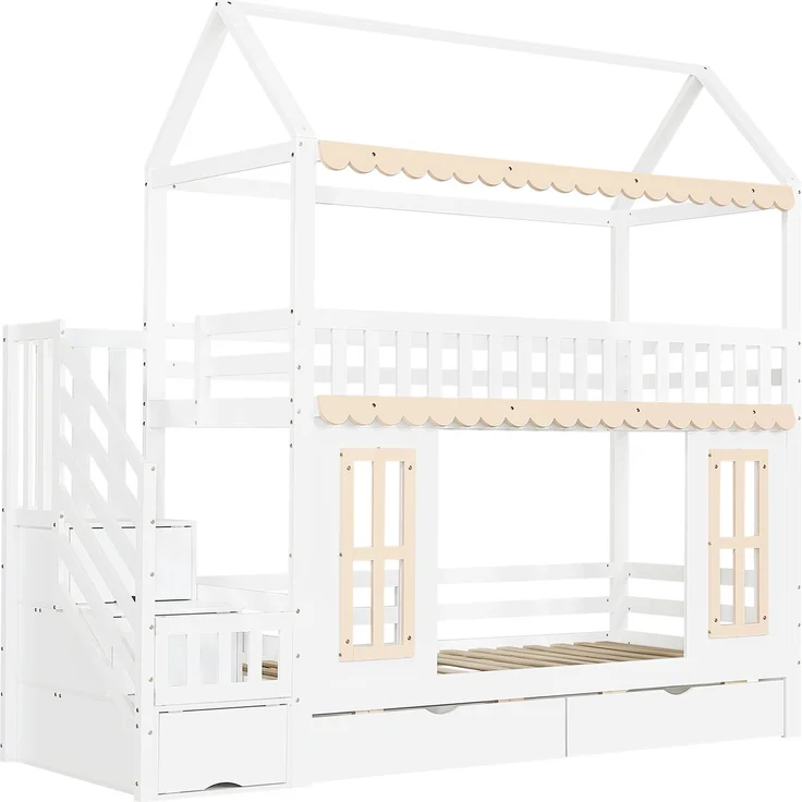 ZUBALIYA Etagenbett, Kinderbett, Hausform, Seitlicher Stauraumschrank mit Leiter, 2 Schubladen, Dekorative Holzfenster und Zierleisten, Kiefer+MDF, Weiß+Natur, 90x200 cm, Natur / Weiß – Bild 18