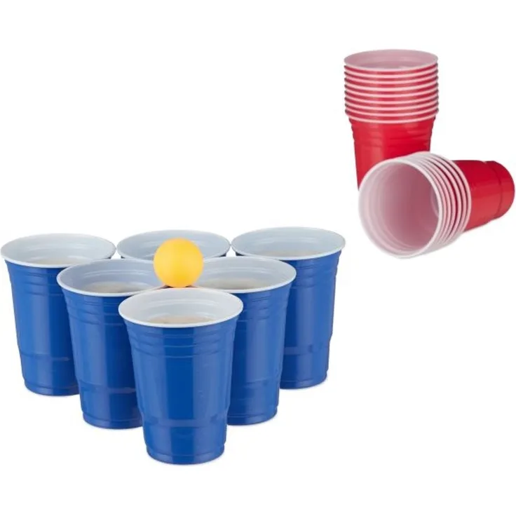 Relaxdays Bier Pong Set, 50 Becher und 6 Bälle, Kunststoff rot / blau, 473 ml
