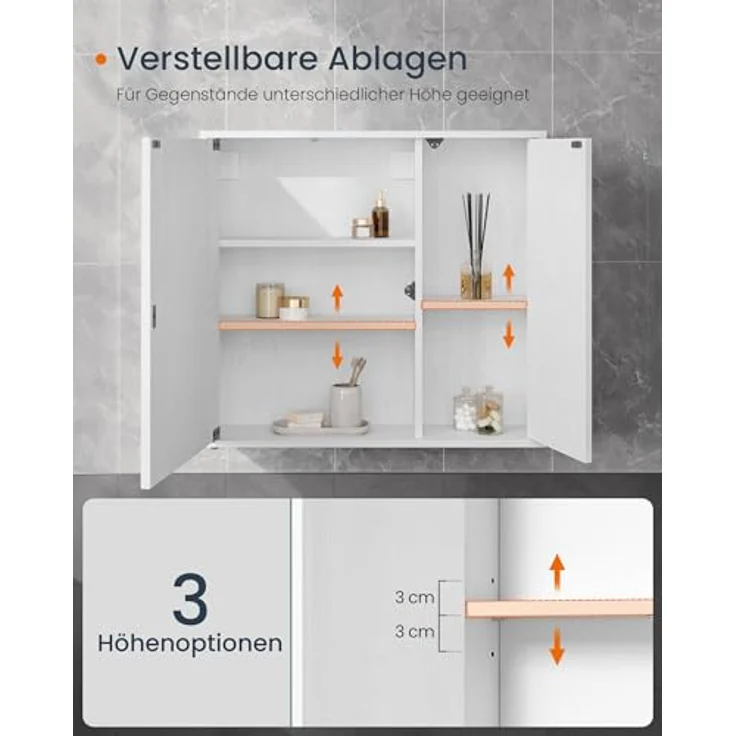 SONGMICS HOME Spiegelschrank, Badezimmerschrank, superschnelle werkzeuglose Montage, Toolless-Technologie, Badspiegel, verstellbare Ablagen, modern, 15 x 60 x 55 cm, schneeweiß BBC114WE01 – Bild 7