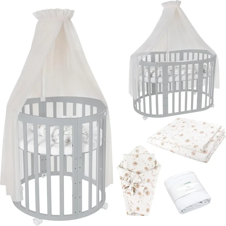 Waldin Babybett OWAL aus Holz 7in1 mit Matratze, mitwachsendes Kinder-Bett, belüftet, Boden 5-fach verstellbar, All-Inclusive-Set Holz grau, Stoffe Champagner Löwenzahn