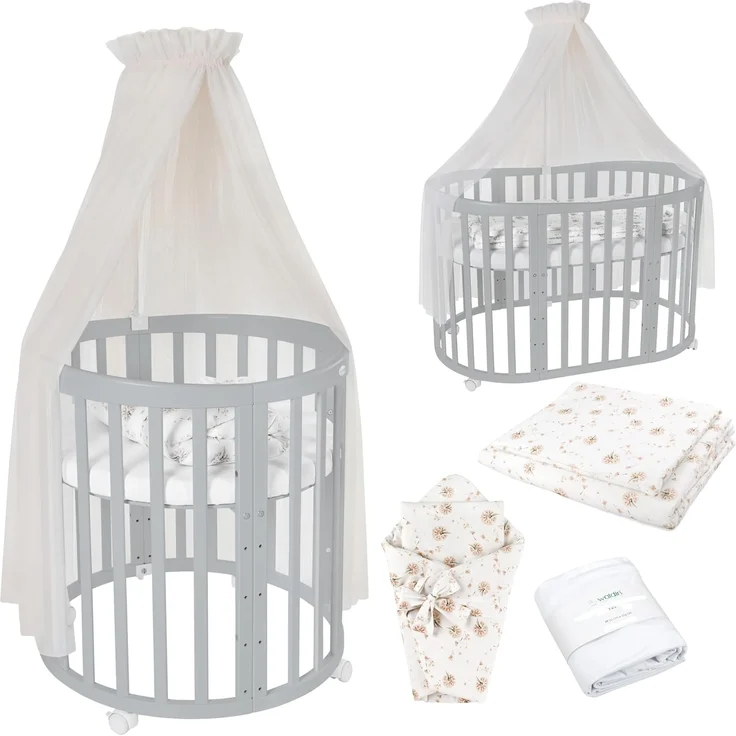 Waldin Babybett OWAL aus Holz 7in1 mit Matratze, mitwachsendes Kinder-Bett, belüftet, Boden 5-fach verstellbar, All-Inclusive-Set Holz grau, Stoffe Champagner Löwenzahn – Bild 1