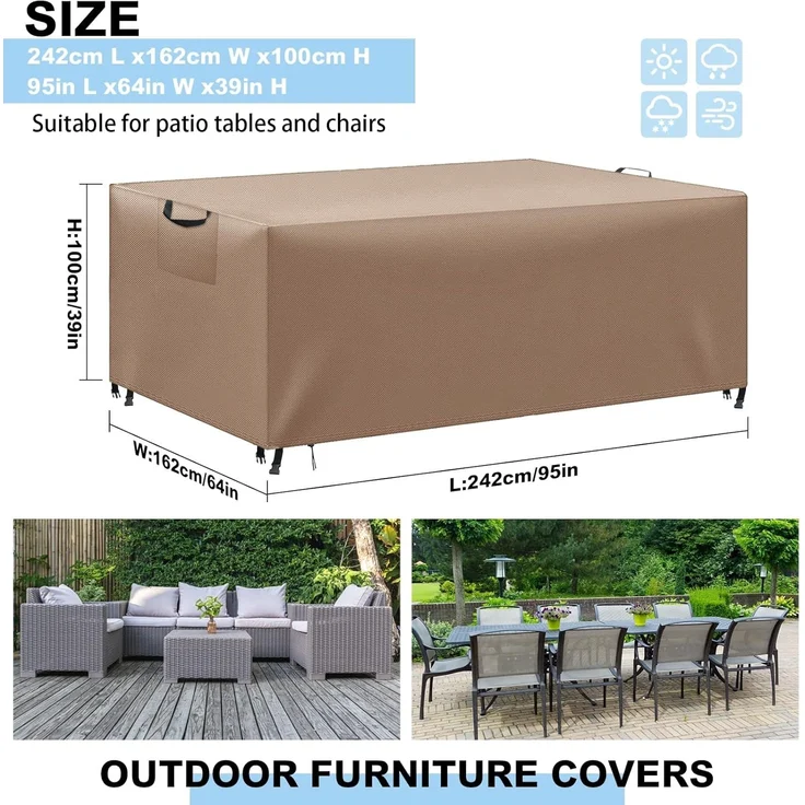 WUAYAMI Gartenmöbel Abdeckung wasserdichte Abdeckplane Gartenmöbel Winddicht Anti-UV Schwerlast 420D -Oxford Gewebe für Sitzgruppe Gartentische Terrassenmöbel Khaki, 242 x 162 x 100 – Bild 3
