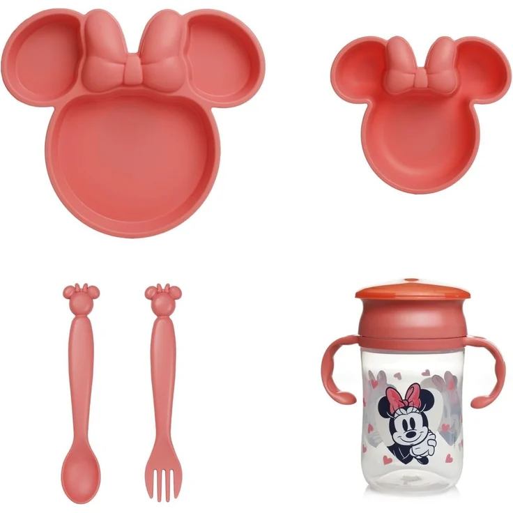 Disney Minnie Kindergeschirr-Set – unterteilter Teller – Schüssel – Löffel – Gabel und Tasse 360° – lustiges und praktisches Design für Babymahlzeiten