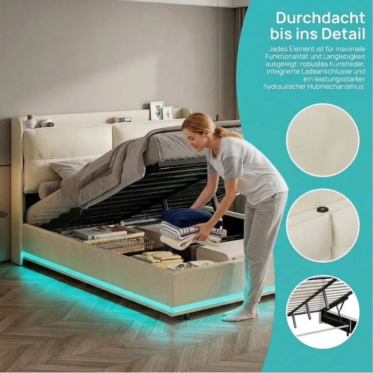 PXloue Bett Polsterbett Hydraulisches Stauraumbett Doppelbett, Kopfteil mit Drahtloses Aufladen, Lattenroste und Bettkästen, 140x200 – Bild 3