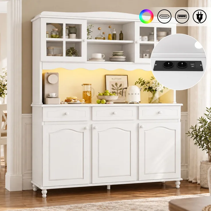 Buffetschränke, Esszimmer-Hochschrank 135*40*185 cm, mehrstufigem Stauraum, integrierter Steckdose sowie USB-C- und USB-A-Anschlüssen, Farbiger LED-Streifen, Weiß--Weiß--135x40x185cm--YOUDENOVA