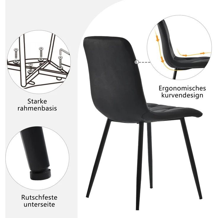 Esszimmerstuhl 4er-Set, 45x40x86 cm, schwarzer Samt, Metallgestell – Bild 5