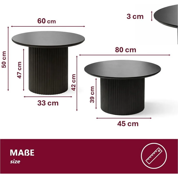 HOOZ Couchtisch Wohnzimmertisch rund 2er Set Trommel Gestell Schwarz 80 & 60 cm (Set, 2-St, 2× Satztisch), Sofatisch mit geriffeltem Gestell – stabil & pflegeleicht – Bild 4