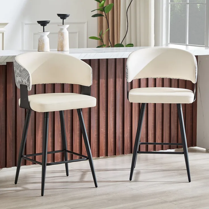 2er-Set Barhocker mit Rückenlehne, moderner Küchenhocker, Kunstleder Sitz, Metallgestell, stabile Fußstütze, ergonomisches Design, nur Stühle, ohne Tisch--Weiß1--47x46.5x94.5cm--YOUDENOVA