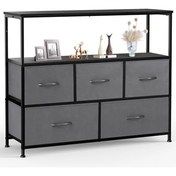 Sweetcrispy Kommode,TV Schrank Stand für Schlafzimmer mit 5 Stoffschubladen,Sideboard Wohnzimmer für 115cm TV,Einstellbare Füße Schubladenschrank,Grau – Bild 1