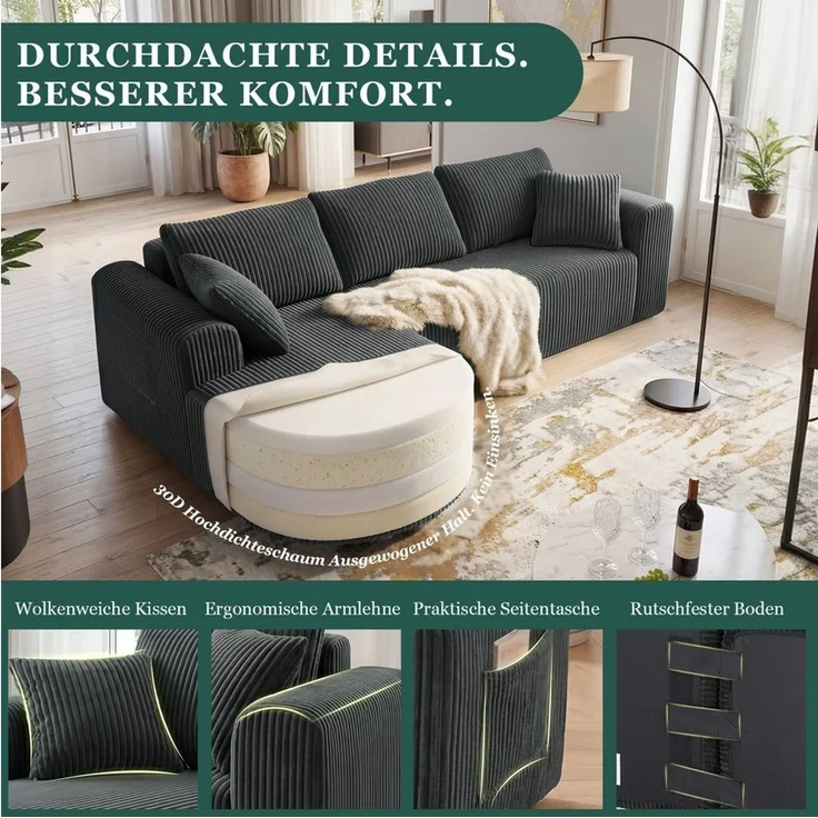 COMHOMA Sofa Ecksofa mit Schlaffunktion, Corduroy Modulares Boneless Couch, mit Chaiselongue, L-Form Schlafsofa, Sektionssofas mit Kissen & Seitentaschen – Bild 3