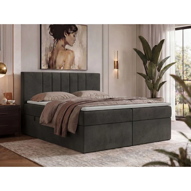 Boxspringbett INERO 180 x 200 mit Matratze H4 und Topper T25, 7-Zonen-Multipocket-Kern, zwei Bettkästen, Doppelbett, gepolstert Kopfteil - Dunkelgrau Velvet – Bild 1