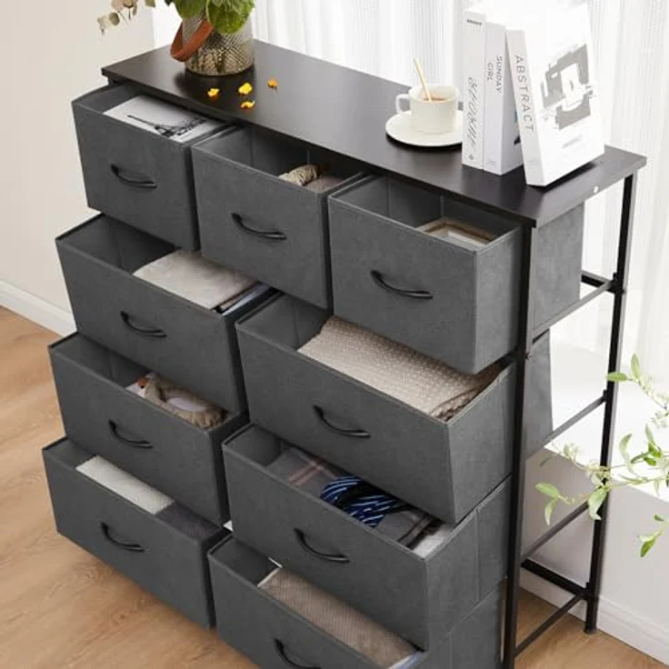 Sweetrcrispy Sweetcrispy Kommode für Schlafzimmer mit 9 Stoffschubladen, Grau, Standatd – Bild 8