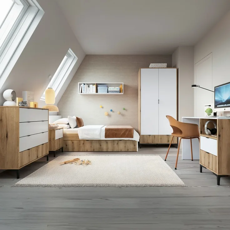 Jugendzimmer Komplett Set RISBY-129 mit Schreibtisch und Bett 90x200 cm in Eiche mit weiß und Rillen Design