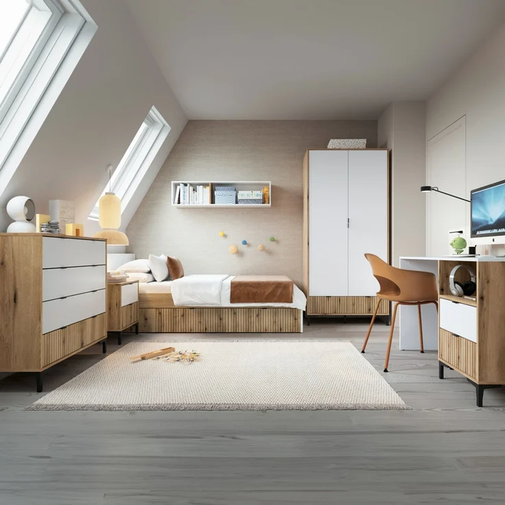 Jugendzimmer Komplett Set RISBY-129 mit Schreibtisch und Bett 90x200 cm in Eiche mit weiß und Rillen Design – Bild 1