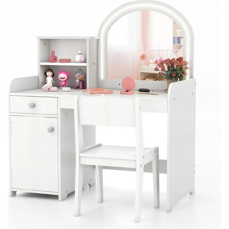 COSTWAY Schminktisch Kidner, mit Stuhl & LED Spiegel & Schublade, ab 3 Jahre – Bild 1