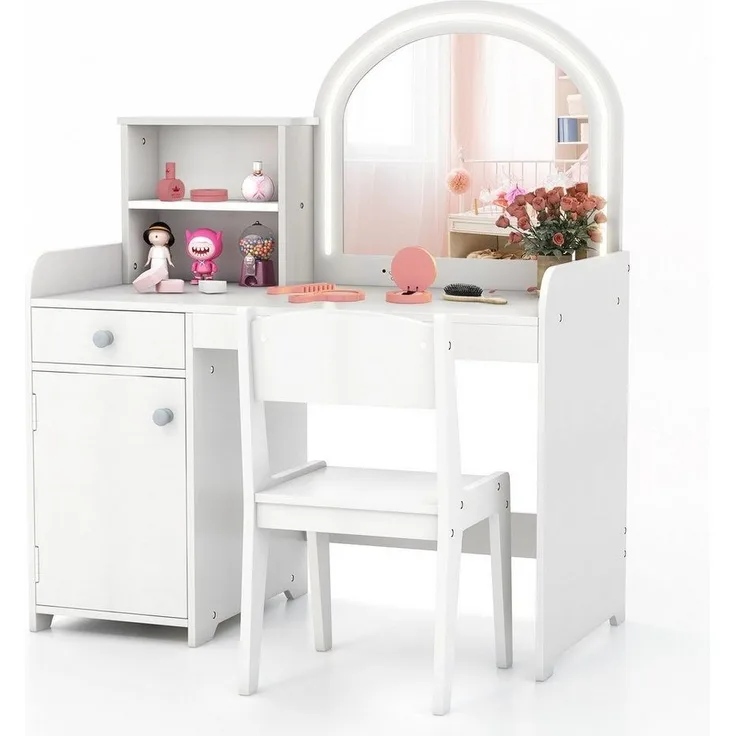 COSTWAY Schminktisch Kidner, mit Stuhl & LED Spiegel & Schublade, ab 3 Jahre