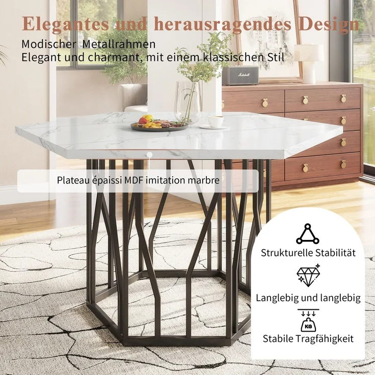 Sechseckiger Esstisch 115.5×100 cm mit 4 Samtstühlen, modernes Esszimmer-Set, ergonomisch, MDF Tischplatte, Metallgestell – Bild 4