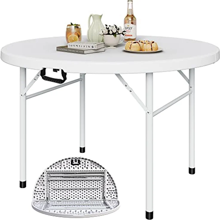 YITAHOME 122cm Runder Klapptisch mit Tragegriff Wetterfest für Outdoor/Indoor, Tragbarer Campingtisch mit Metallrahmen, Kunststoff Gartentisch mit 4cm Tischplatte für Party, Camping, Grill, Weiß – Bild 2