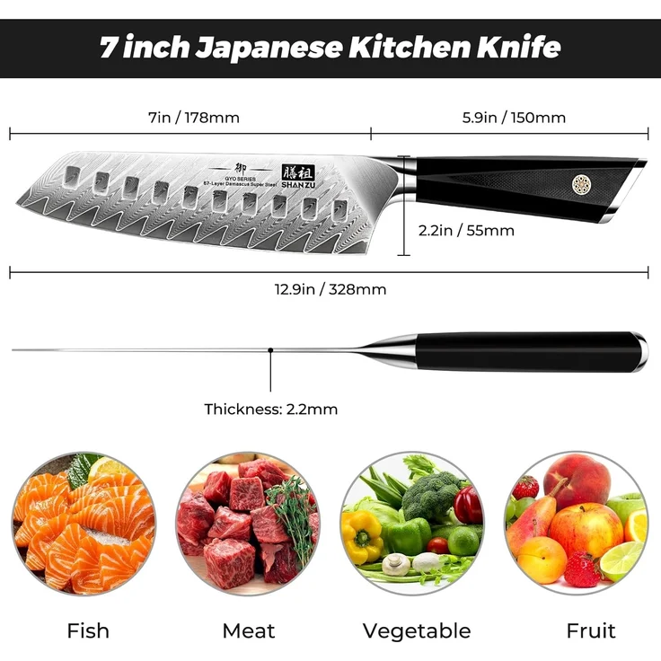 SHAN ZU Damastmesser, Santokumesser Küchenmesser 18cm Kochmesser Damaskus 10Cr15Mov Edelstahl Scharfe Messerklinge Ergonomischer G10 Griff Exquisiter Geschenkverpackun – Bild 4
