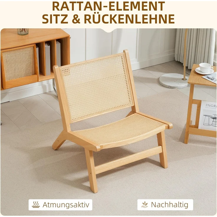 HOMCOM Relaxsessel Rattan-Akzentsessel (Sessel mit Gummibaumholzrahmen, 1-St, für Schlafzimmer und Wohnzimmer), 70 x 64 x 74 cm Naturholz-Finish – Bild 4