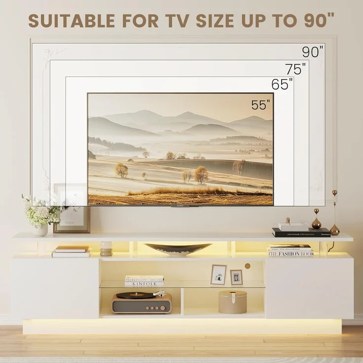 Aoxun 200 cm Fernsehstand, mit 2 Seitenkabinett, Moderner Stilvoller TV-Console mit LED Leuchten, Gaming-Fernseh-Medienconsole mit Verstellbarem Glasregal, Fernbedienung & APP-Steuerung, Weiß – Bild 6