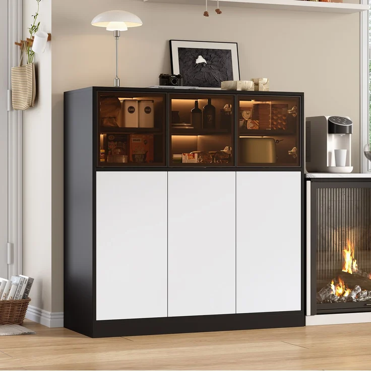 DESVIAE Sideboard mit LED-Beleuchtung und 6 Türen 100x105x40 cm Spanplatte Glas Schwarz Weiß – Bild 6