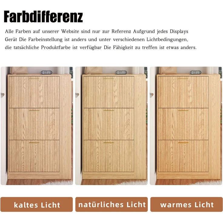 Schuhschrank, MDF in Holzoptik mit 3 Türen & offenen Fächern, 70x23,5x115 cm, Natur – Bild 7