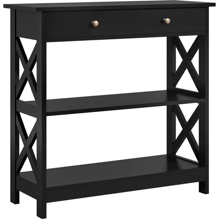 Yaheetech Konsolentisch mit Schublade und offenen Ablagefächern, 3-Stufig, X-förmiger Rahmen, Schwarz, 80 x 30 x 80 cm