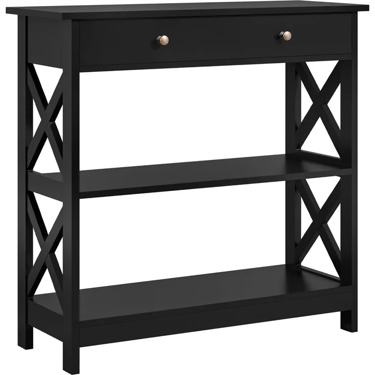 Yaheetech Konsolentisch mit Schublade und offenen Ablagefächern, 3-Stufig, X-förmiger Rahmen, Schwarz, 80 x 30 x 80 cm